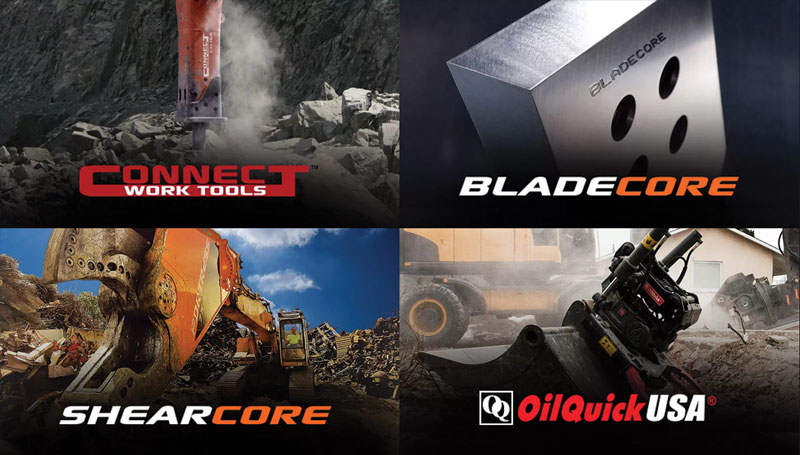 The four brands of Exodus Global together. Connect Tool Works, ShearCore, BladeCore and OilQuick USA.