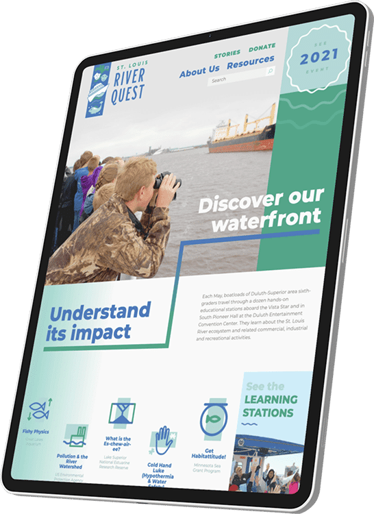 An ipad with the St. Louis RiverQuest homepage